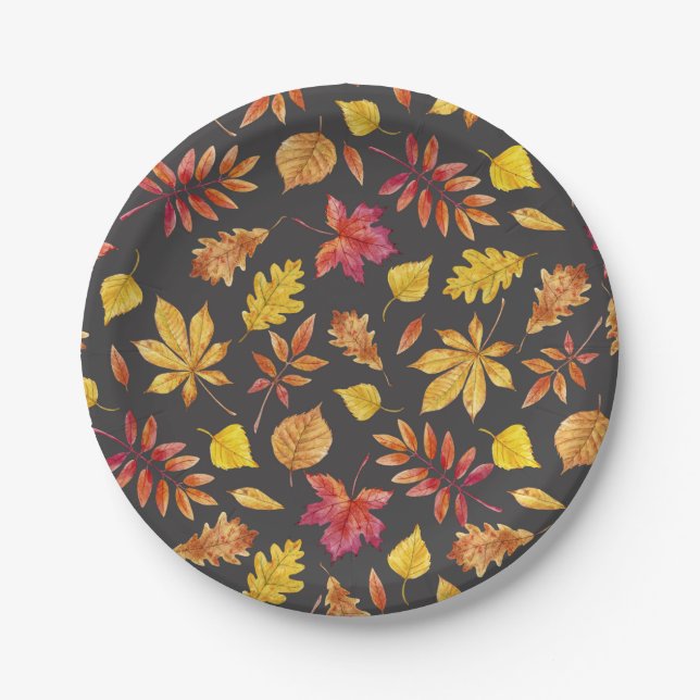 Rustic Watercolor Fall Leaves Pattern Autumn Party Paper Plates (Front)