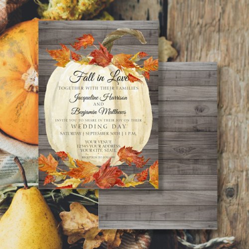 Rustic Watercolor Fall Leaves Pumpkin Dark Wood Invitation