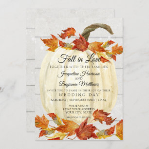Rustic Watercolor Fall Leaves Pumpkin White Wood Invitation