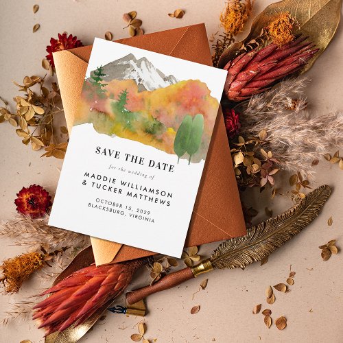 Rustic Watercolor Fall Mountain Wedding Photo  Save The Date