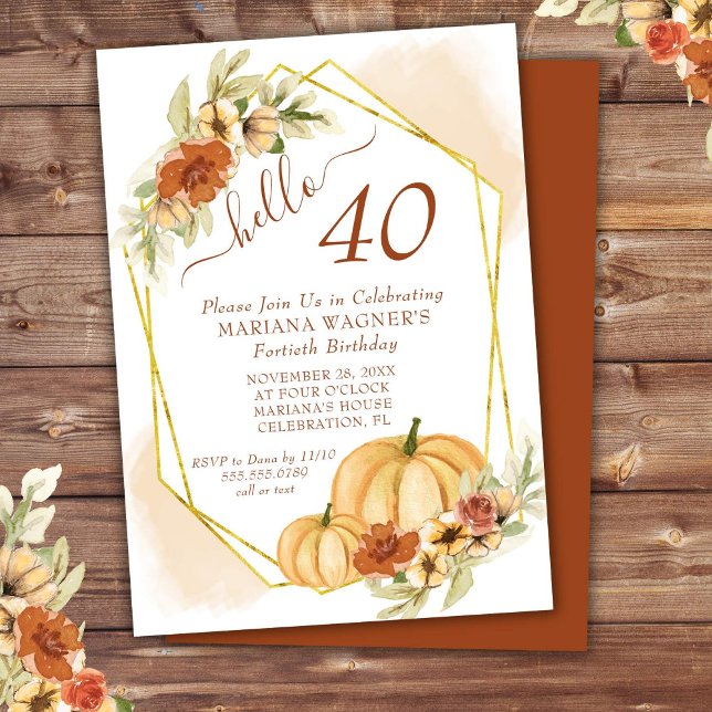 Rustic Watercolor Fall Pumpkin 40th Birthday Invitation (Creator Uploaded)
