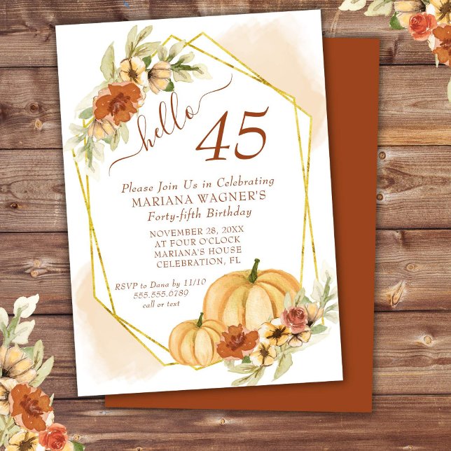 Rustic Watercolor Fall Pumpkin 45th Birthday Party Invitation (Creator Uploaded)