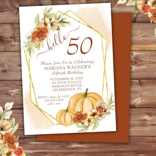 Rustic Watercolor Fall Pumpkin 50th Birthday Invitation