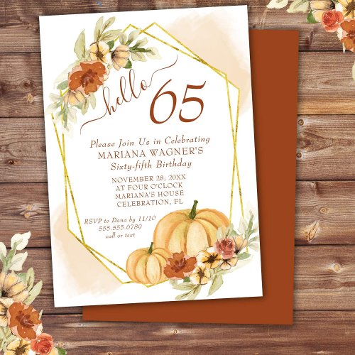Rustic Watercolor Fall Pumpkin 65th Birthday Party Invitation
