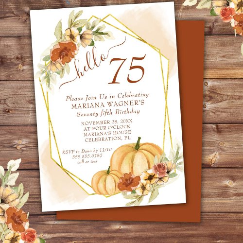 Rustic Watercolor Fall Pumpkin 75th Birthday Party Invitation