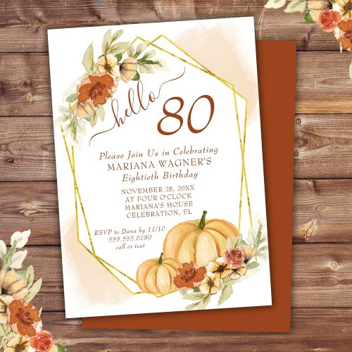 Rustic Watercolor Fall Pumpkin 80th Birthday Invitation