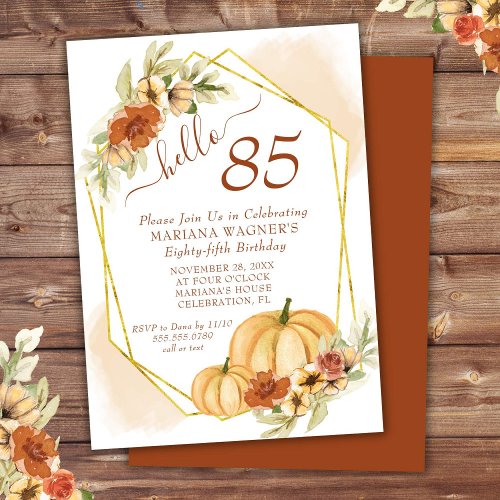 Rustic Watercolor Fall Pumpkin 85th Birthday Party Invitation