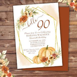 Rustic Watercolor Fall Pumpkin 90th Birthday Invitation