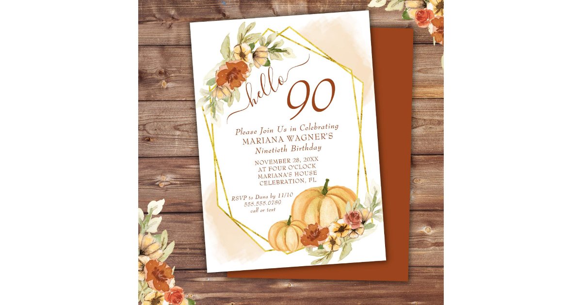 Rustic Watercolor Fall Pumpkin 90th Birthday Invitation | Zazzle