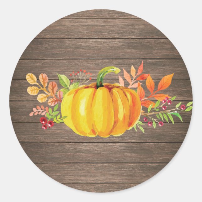 Rustic Watercolor Fall Pumpkin Autumn Classic Round Sticker (Front)
