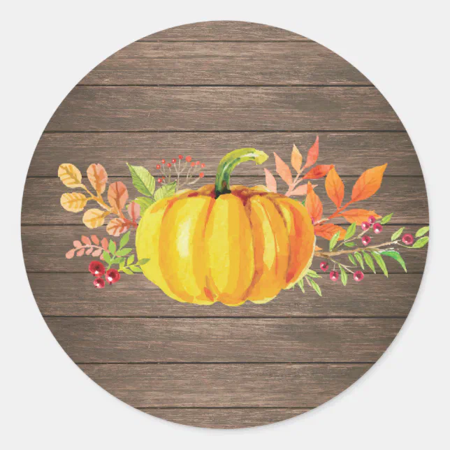 Rustic Watercolor Fall Pumpkin Autumn Classic Round Sticker | Zazzle