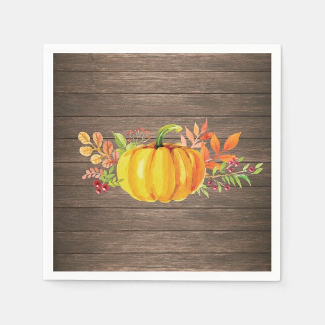 Rustic Watercolor Fall Pumpkin Autumn Napkins (Front)