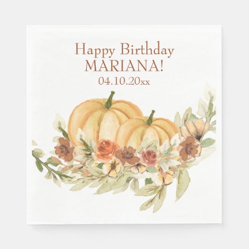 Rustic Watercolor Fall Pumpkin Birthday Party Napkins