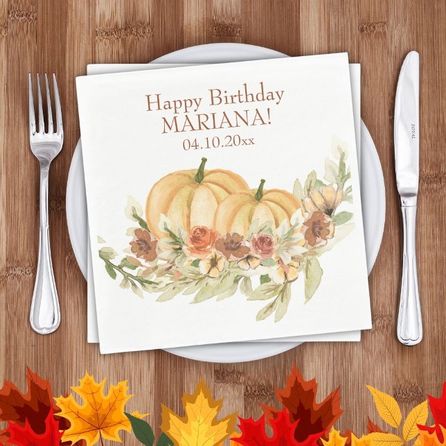 Rustic Watercolor Fall Pumpkin Birthday Party Napkins (Creator Uploaded)