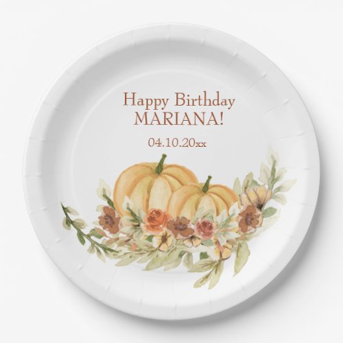 Rustic Watercolor Fall Pumpkin Birthday Party Paper Plates