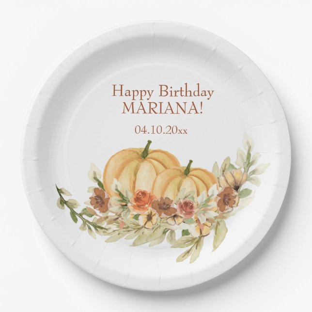 Rustic Watercolor Fall Pumpkin Birthday Party Paper Plates (Front)