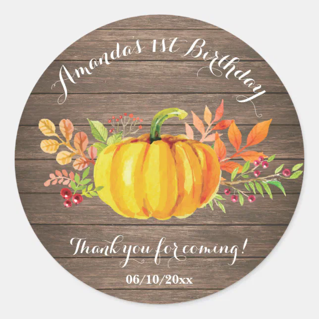 Rustic Watercolor Fall Pumpkin Birthday Thank You Classic Round Sticker ...