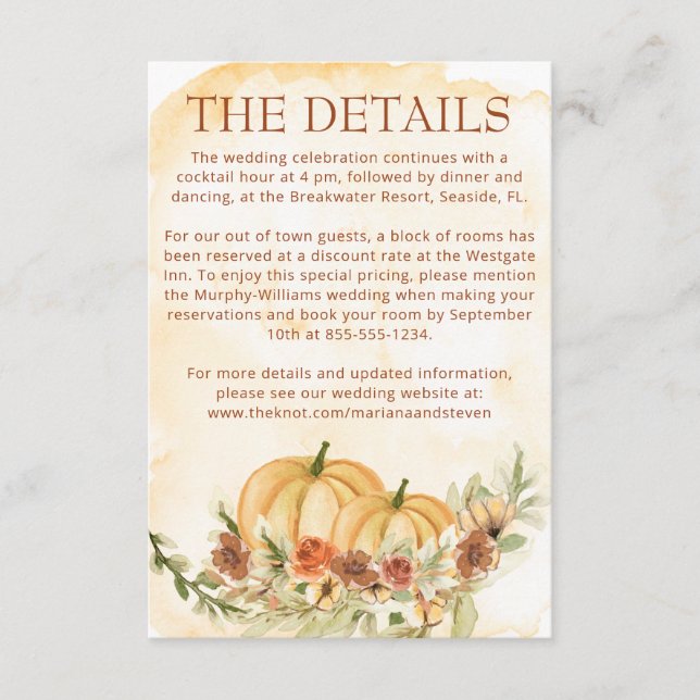 Rustic Watercolor Fall Pumpkin Details Wedding Enclosure Card (Front)