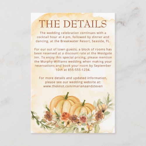 Rustic Watercolor Fall Pumpkin Details Wedding Enclosure Card