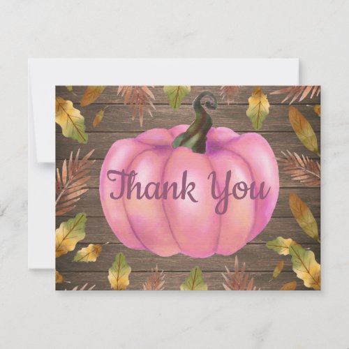 Rustic Watercolor Fall Pumpkin Pink Thank You card