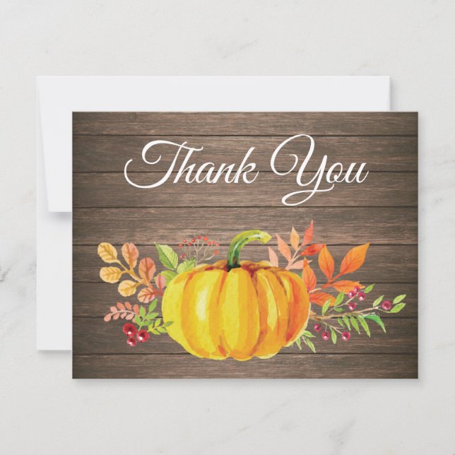 Rustic Watercolor Fall Pumpkin Thank You card (Front)