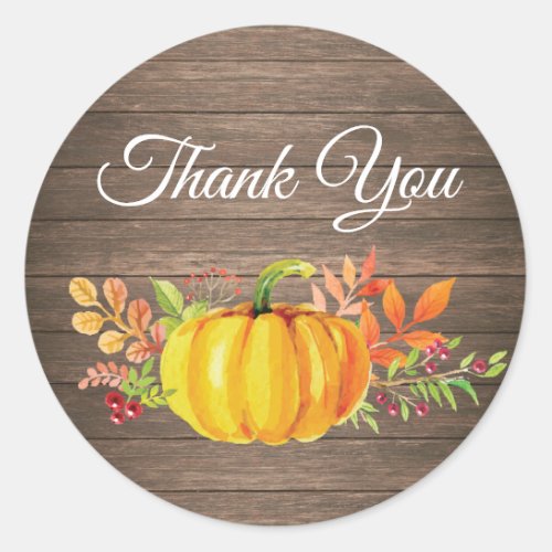 Rustic Watercolor Fall Pumpkin Thank You Classic Round Sticker