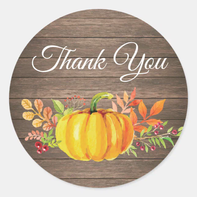 Rustic Watercolor Fall Pumpkin Thank You Classic Round Sticker | Zazzle