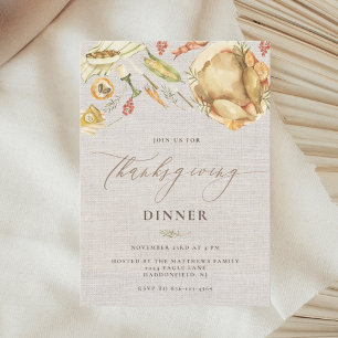 Rustic Watercolor Fall Turkey Thanksgiving Dinner Invitation