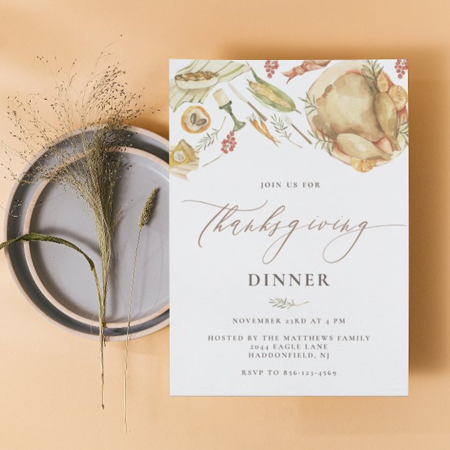 Rustic Watercolor Fall Turkey Thanksgiving Dinner Invitation (Creator Uploaded)