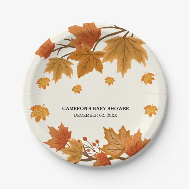 Rustic Watercolor Falling Leaves Autumn Party Paper Plates (Front)