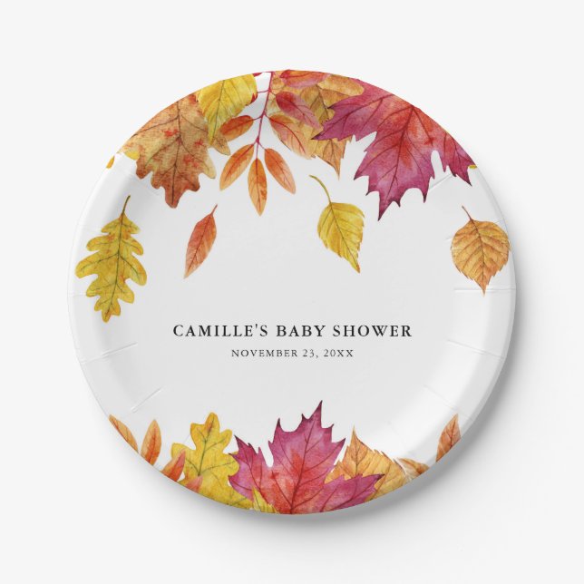 Rustic Watercolor Falling Leaves Autumn Party Paper Plates (Front)