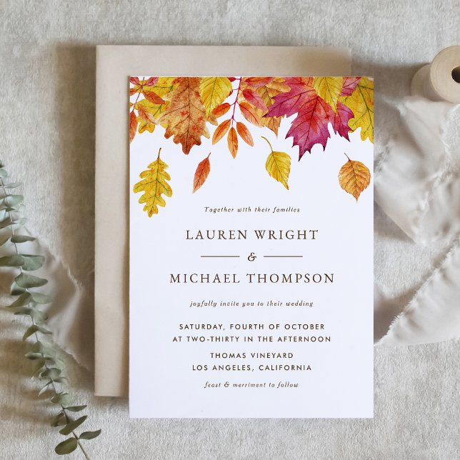 Rustic Watercolor Falling Leaves Autumn Wedding Invitation (Creator Uploaded)