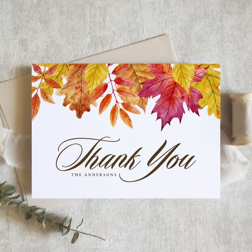 Rustic Watercolor Falling Leaves Fall Wedding Thank You Card