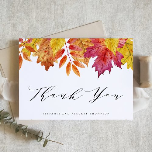 Rustic Watercolor Falling Leaves Fall Wedding Thank You Card