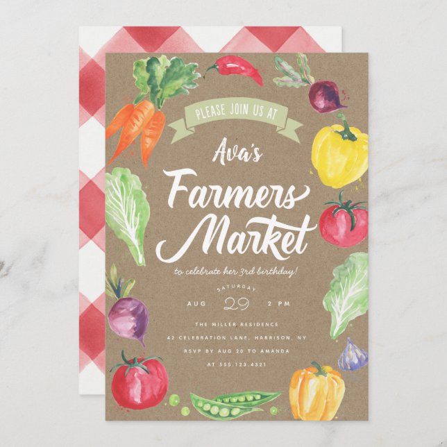 Rustic  Watercolor Farmers Market Birthday Party Invitation (Front/Back)