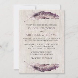 Rustic Watercolor Feathers Wedding Invitations