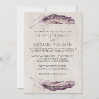 Rustic Watercolor Feathers Wedding Invitations