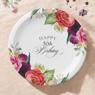 Rustic Watercolor Floral 50th Birthday Party Paper Plates
