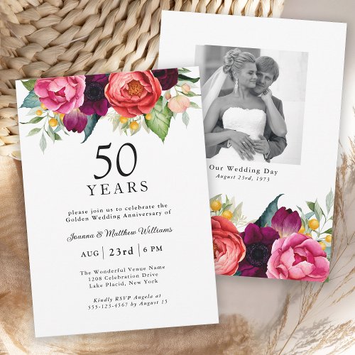 Rustic Watercolor Floral 50th Wedding Anniversary Invitation
