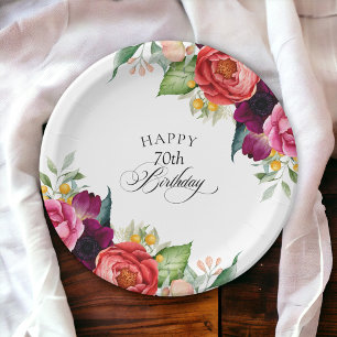 Rustic Watercolor Floral 70th Birthday Party Paper Plates