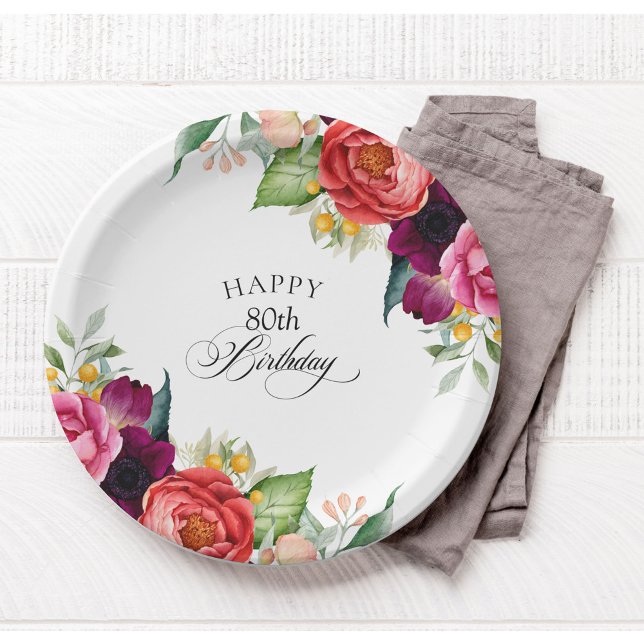 Rustic Watercolor Floral 80th Birthday Party Paper Plates (Creator Uploaded)