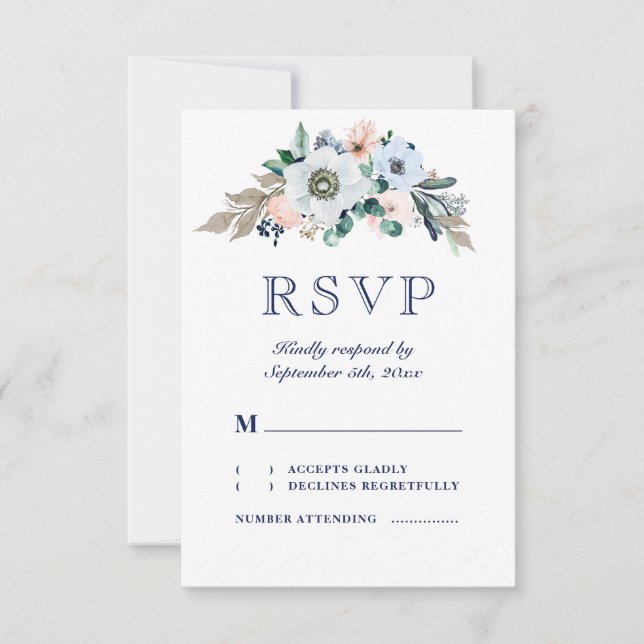 Rustic Watercolor Floral Anemone Navy Wedding RSVP Card (Front)
