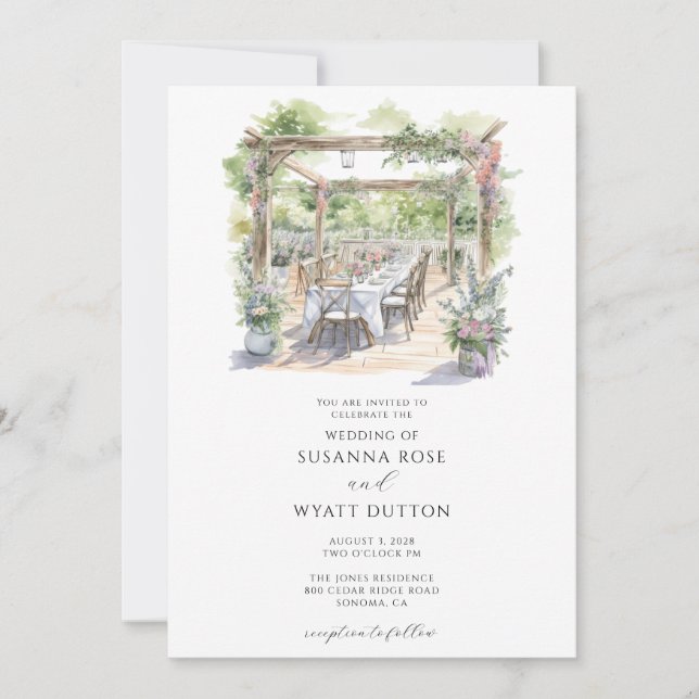 Rustic Watercolor Floral Arbor Wedding Invitation (Front)