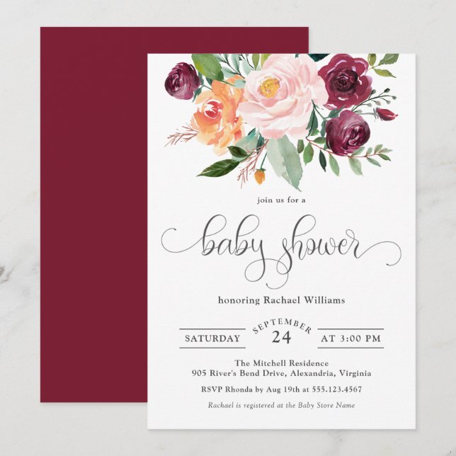 Rustic Watercolor Floral Baby Shower Invitation (Front/Back)
