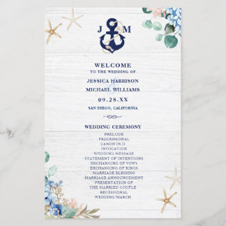 Rustic Watercolor Floral Beach Wedding Program