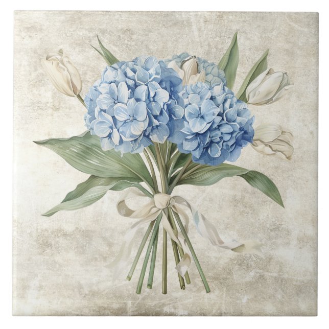 Rustic Watercolor Floral Blue Hydrangea  Ceramic Tile (Front)