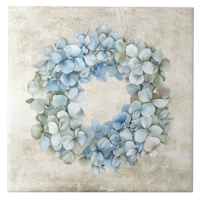 Rustic Watercolor Floral Blue Hydrangea Wreath Ceramic Tile (Front)