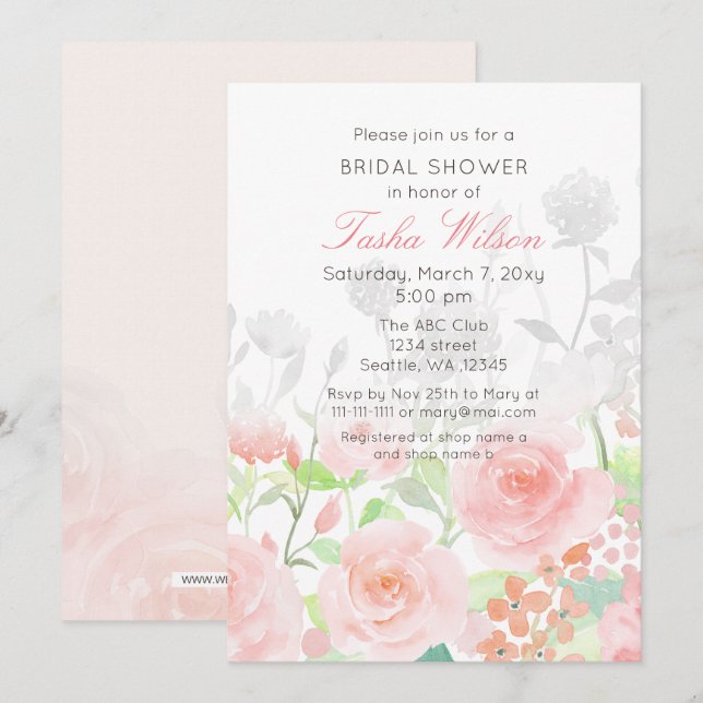 Rustic Watercolor Floral Blush Bridal Shower Invitation (Front/Back)