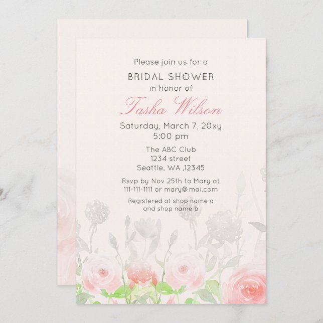 Rustic Watercolor Floral Blush Bridal Shower Invitation (Front/Back)