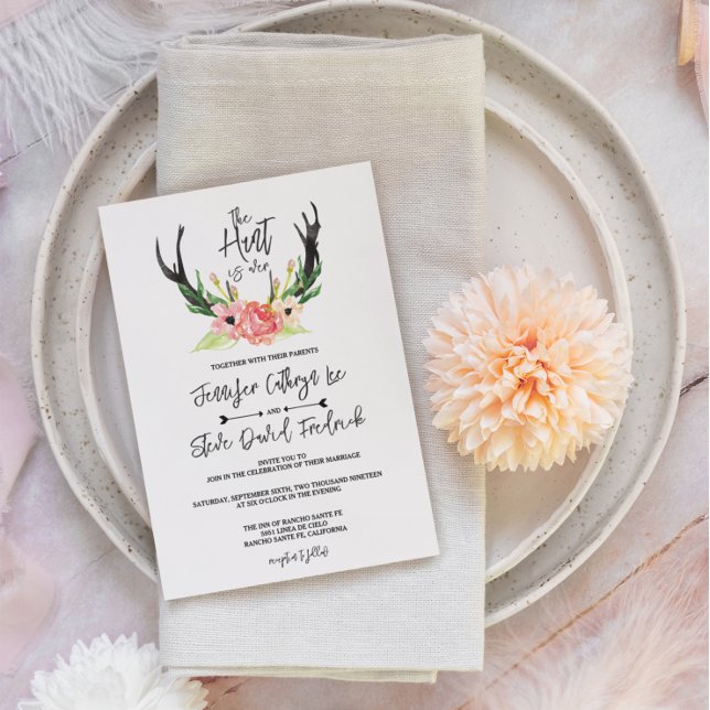 Rustic Watercolor Floral Boho Hunt is Over Wedding Invitation